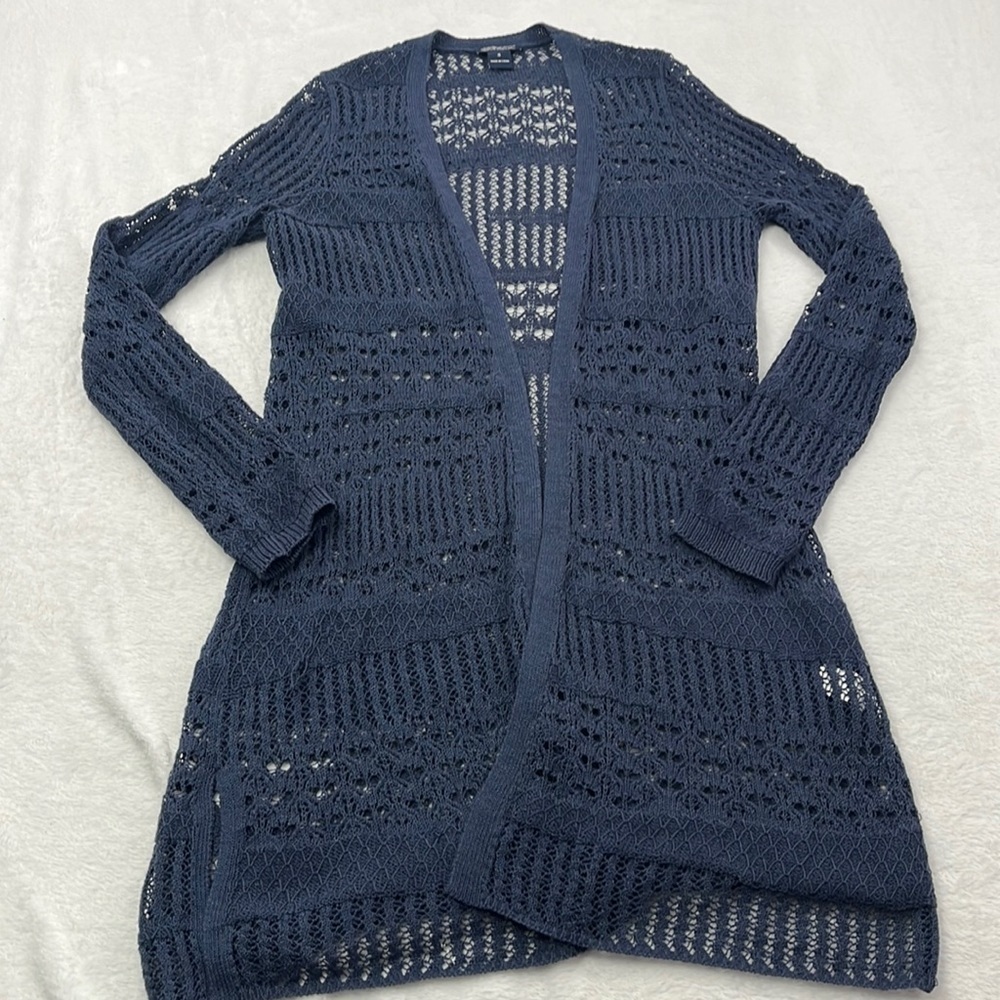 Lucky Brand S Women's Blue Crochet Long Line Duster Open Cardigan Sweater